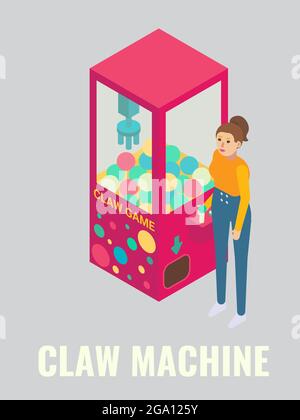 Donna che gioca arcade artiglio macchina, vettore di illustrazione isometrica. Attrazioni di club di gioco, attività di divertimento, intrattenimento. Illustrazione Vettoriale