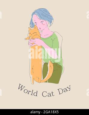 Giornata mondiale dei gatti. Divertente disegno a mano di una ragazza che tiene il suo gatto. Illustrazione di schede, poster, striscioni, etichette. Abbracci il tuo gatto. Illustrazione Vettoriale