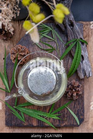 Tisane di cannabis in teiera e gambo con foglie di marijuana verde su sfondo di legno. Scopi medici per il sonno e l'ansia. Tè alle erbe e salute Foto Stock