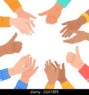 Aggrappando le mani umane. Gruppo di uomini e donne si congratula con un vincitore. Il team aziendale si applauso per un ottimo lavoro di successo. Lavoro di squadra e collaborazione Illustrazione Vettoriale