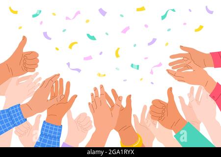 Aggrappando le mani umane. La folla di uomini e donne si congratula con un vincitore. Il team aziendale si applauso per un ottimo lavoro di successo. Lavoro di squadra e collaborazione Illustrazione Vettoriale