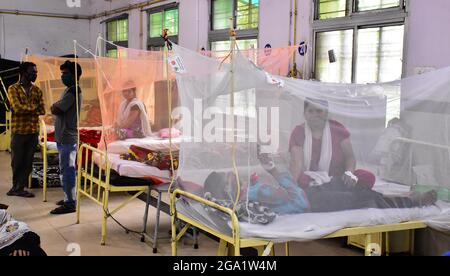 Pazienti dengue indiani , si trova su un letto coperto da una zanzariera nel reparto dengue di un ospedale governativo a Jabalpur, Madhya Pradesh INDIA. Foto Stock