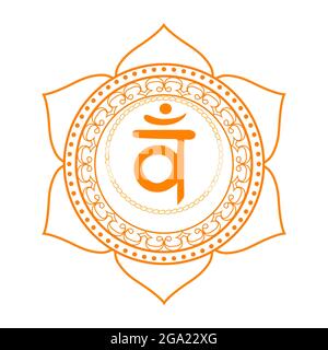Il secondo chakra di Swadhisthana con il mantra di seme di Sanscrito indù VAM . Arancione è un simbolo piatto per la meditazione, yoga.illustrazione Foto Stock