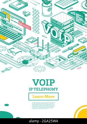 SERVIZI di telefonia IP VOIP. Concetto di contorno isometrico. Schema di configurazione del sistema. Telefono IP, router e notebook. Dispositivi con supporto. Illustrazione Vettoriale