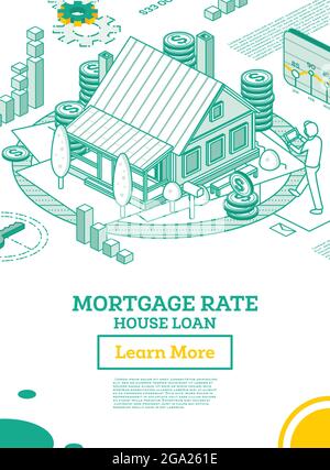 Prestito di casa o investimento di soldi al bene immobile. Tasso ipotecario. Illustrazione vettoriale. Concetto di struttura isometrica con edificio residenziale. Illustrazione Vettoriale