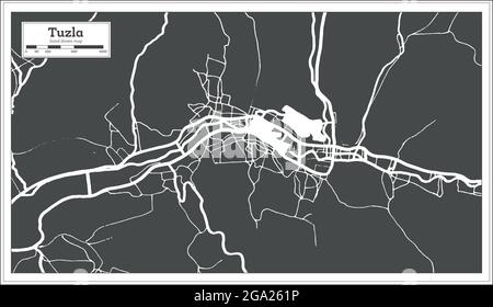 Mappa della città di Tuzla Bosnia Erzegovina in bianco e nero in stile retro. Mappa di contorno. Illustrazione vettoriale. Illustrazione Vettoriale