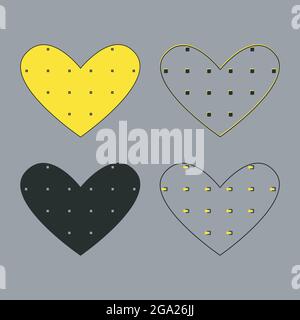 Set di icone cardiache, nero, colore di riempimento giallo, forme del contorno, elementi quadrati decorativi. Sfondo grigio. Vettore Illustrazione Vettoriale