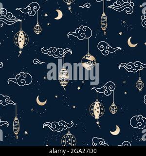 Cute lanterna disegnata a mano appesa nel cielo, motivo senza cuciture, nuvole cinesi, luna e stelle, grande per sfondo, carte da parati, da imballaggio, tessili - v Illustrazione Vettoriale