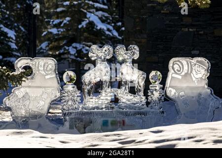 Sculture di ghiaccio incandescenti di pecore di montagna ed escursionisti retroilluminati dal sole nel Parco Nazionale di Banff; Lago Louise, Alberta, Canada Foto Stock