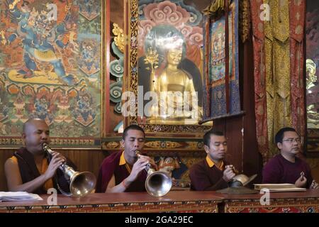 Monaci buddisti tibetani che eseguono il rituale di preghiera della puja mattutina nel monastero di Boudhanath Stupa a Kathmandu, Nepal Foto Stock