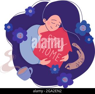 L'illustrazione vettoriale resta al sicuro a casa. La ragazza tiene in mano una casa con l'iscrizione, accanto a lei è un gatto, fiori, una tazza di tè. Richiede la quarantena per non diffondere il caronavirus. Assistenza sanitaria. Illustrazione Vettoriale