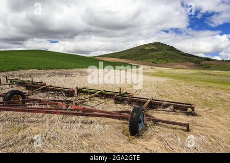 Macchinari agricoli e attrezzature trattore che si trovano su grano essiccato con campi verdi e una collina erbosa sullo sfondo con le nubi di cumulo billowing in ... Foto Stock
