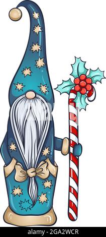 Natale scandinavo lungo gnomo con personale caramella Illustrazione Vettoriale