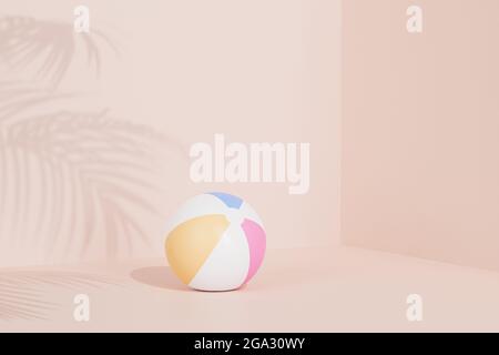 Sfondo beige estivo con palla da spiaggia gonfiabile e ombre foglie tropicali, rendering 3d Foto Stock
