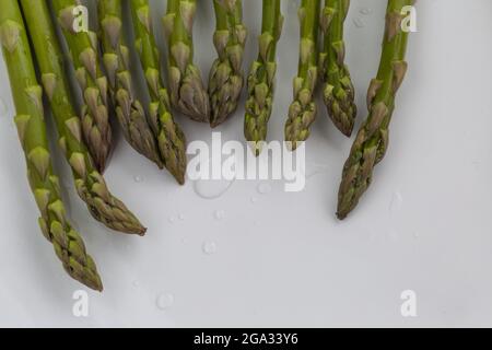 Punte di asparagi freschi su una superficie bianca con gocce d'acqua; Studio Foto Stock