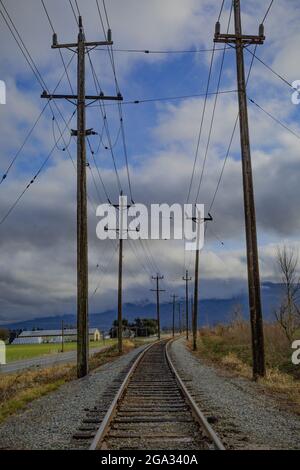 Binari ferroviari che attraversano terreni agricoli; Abbotsford, British Columbia, Canada Foto Stock