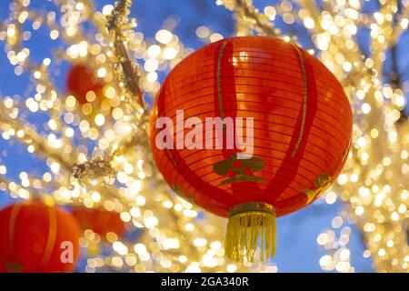 Lanterne cinesi illuminate per il Capodanno cinese a Granville Island; Vancouver, British Columbia, Canada Foto Stock