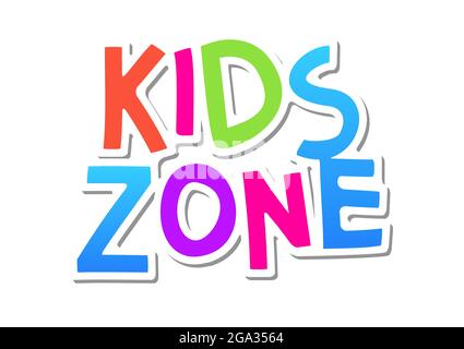 Kid zone vettore divertente sfondo banner. Poster di gioco per bambini. Area giochi per bambini, illustrazione del logo cartoon della sala giochi Illustrazione Vettoriale