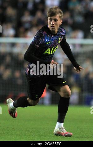 Milton Keynes, Regno Unito. 28 luglio 2021. Jack Clarke di Tottenham Hotspur in azione durante il gioco. Pre-season friendly match, MK Dons v Tottenham Hotspur a Milton Keynes mercoledì 28 luglio 2021. Questa immagine può essere utilizzata solo per scopi editoriali. Solo per uso editoriale, è richiesta una licenza per uso commerciale. Nessun utilizzo nelle scommesse, nei giochi o nelle pubblicazioni di un singolo club/campionato/giocatore. pic by Steffan Bowen/Andrew Orchard sports photography/Alamy Live news Credit: Andrew Orchard sports photography/Alamy Live News Foto Stock