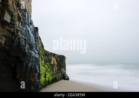 Cascata sulla scogliera aspro lungo la spiaggia e la costa al Wilder Ranch state Park; Santa Cruz, California, Stati Uniti d'America Foto Stock