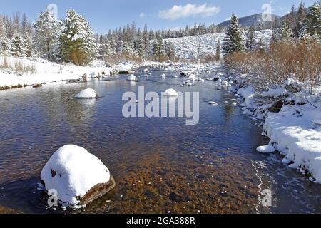 Fiume Laramie con rocce innevate su un paesaggio invernale, che attraversa il Wyoming e Colorado, USA; Wyoming, Stati Uniti d'America Foto Stock