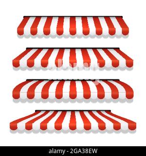 Cappottatura del negozio. Conservare la tenda vista anteriore del tetto a strisce rosse. Ristorante, negozio di alimentari o caffè ombrellone di strada Illustrazione Vettoriale