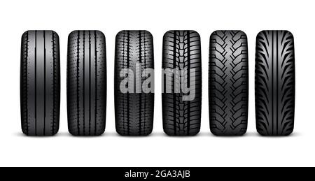 Illustrazione isolata della ruota del pneumatico della vettura. Gomma per pneumatici per auto 3d icona cerchio sport disegno pneumatico realistico Illustrazione Vettoriale