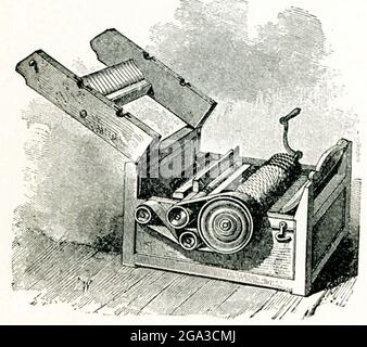 Il primo gin di cotone di Whitney. L'inventore americano Eli Whitney (1765-1825) è meglio conosciuto per la sua invenzione del gin di cotone, che ha creato nel 1893 e brevettato nel 1894. Separava rapidamente e facilmente le fibre di cotone dai loro semi, un compito che prima era stato fatto a mano e che richiedeva molto tempo Foto Stock