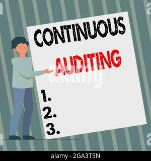 Segno di testo che mostra il controllo continuo. Business idea processo interno che esamina pratiche contabili uomo permanente di disegno Holding presentare enorme Foto Stock