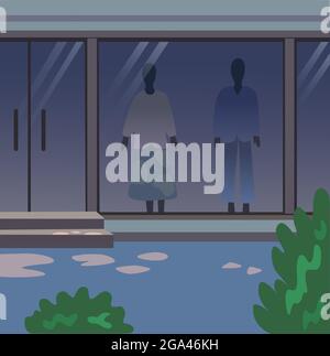 Sfondo vettoriale scuro con negozi di abbigliamento e manichini. Illustrazione Vettoriale