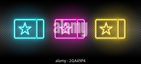 scheda, cinema, icona vettore neon ticket. Immagine insieme di icone al neon blu, giallo e rosso. Illustrazione Vettoriale