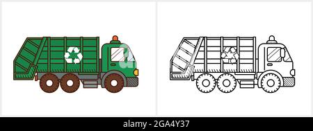 Pagina colorazione Garbagetruck vista laterale Illustrazione Vettoriale