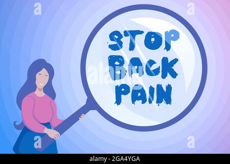 Segno che mostra Stop Back Pain. Parola per mettere una fine sul dolore sentito nella parte bassa o superiore della schiena indagine astratta e trovare indizi, cercando Foto Stock