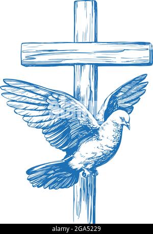 Pasqua felice, croce e colomba, Pasqua. Simbolo del cristianesimo disegno a mano vettore illustrazione schizzo. Illustrazione Vettoriale