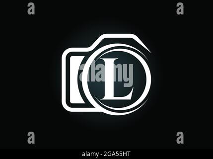 Lettera iniziale del monogramma L con l'icona di una telecamera. Immagine vettoriale del logo fotografico. Design moderno del logo per il settore della fotografia e l'azienda Illustrazione Vettoriale
