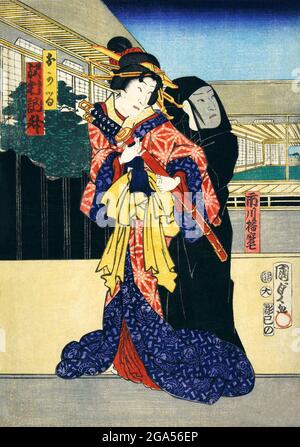 Giappone: 'Ichikawa Harima No.7: Okaru Sawamura Shozo'. Stampa in blocco di Utagawa Kunisada i (1786-1865), XIX secolo. Utagawa Kunisada, conosciuta anche come Utagawa Toyokuni III, è stata la più popolare, prolifica e finanziariamente riuscita designer di stampe di legno ukiyo-e nel Giappone del XIX secolo. Nel suo tempo, la sua reputazione ha superato di gran lunga quella dei suoi contemporanei, Hokusai, Hiroshige e Kuniyoshi. I suoi soggetti preferiti erano le case di piacere e le cerimonie del tè. Foto Stock