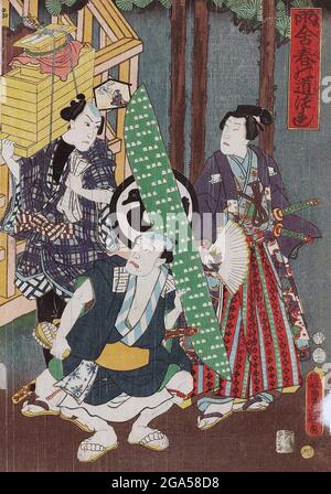 Giappone: 'Helter from the Rain, Encounters on the Road at New Year, No. 5: Attori Arashi Kichisaburo III, Asao Okuyama III, Ichikawa Hirogoro i, Nakamura Daikichi III'. Parte della stampa trittico di Utagawa Kunisada i (1786-1865), 1855. Utagawa Kunisada, conosciuta anche come Utagawa Toyokuni III, è stata la più popolare, prolifica e finanziariamente riuscita designer di stampe di legno ukiyo-e nel Giappone del XIX secolo. Nel suo tempo, la sua reputazione ha superato di gran lunga quella dei suoi contemporanei, Hokusai, Hiroshige e Kuniyoshi. I suoi soggetti preferiti erano le case di piacere e le cerimonie del tè. Foto Stock