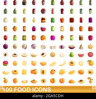 100 food set di icone. Cartoon illustrazione di 100 food icone set di vettore isolato su sfondo bianco Illustrazione Vettoriale