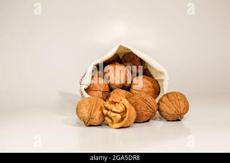 Le noci nelle loro conchiglie caddero fuori dalla borsa su uno sfondo grigio. I dadi non pelati si trovano in una borsa su uno sfondo chiaro. Pasto. Cibo naturale. Vicino. Foto Stock