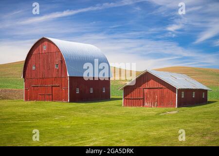 Coppia di edifici di fienile rosso nella zona agricola di Palouse dello stato orientale di Washington. Il Palouse è una regione del nord-ovest degli Stati Uniti, en Foto Stock