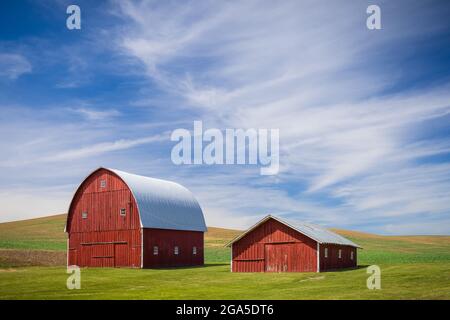 Coppia di edifici di fienile rosso nella zona agricola di Palouse dello stato orientale di Washington. Il Palouse è una regione del nord-ovest degli Stati Uniti, en Foto Stock