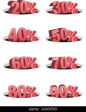 Set di modelli di progetto con simbolo percentuale 3d. Concetto di vendita o vendita al dettaglio. Illustrazione vettoriale. Illustrazione Vettoriale
