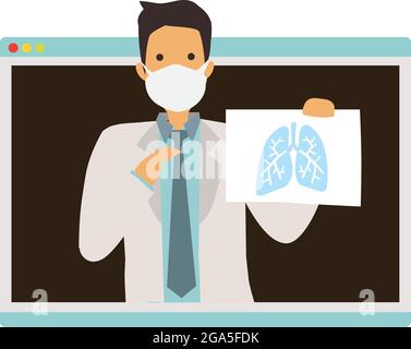 Medico curante immagine polmonare con consultazione medica online. Concetto di servizi sanitari. Illustrazione vettoriale piatta. Illustrazione Vettoriale