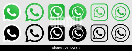 Vinnytsia, Ucraina - 28 luglio 2021: Set del logo WhatsApp. Icona del pulsante dei social media più diffusi. Vettore editoriale isolato su sfondo grigio Illustrazione Vettoriale