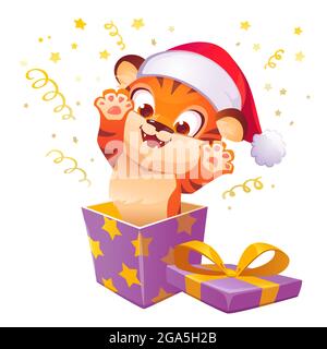 Confezione regalo con carino tigre in balzo cappello di natale Illustrazione Vettoriale