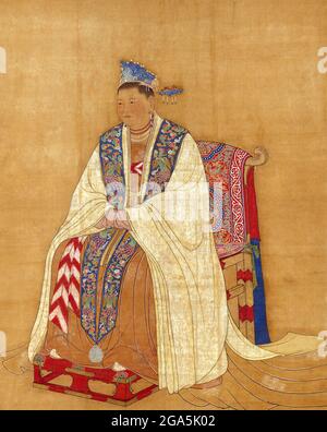 Cina: L'imperatrice Dowager Zhaoxian (902 - 17 luglio 961), madre dei primi due imperatori della canzone Taizu e Taizong. Pittura a spirale appesa, dinastia Song (960-1279). Lady Du, formalmente conosciuta come Zhaoxian, era una imperatrice dowager della dinastia Song. Era la moglie del generale Zhao Hongyin e madre dei primi due imperatori della canzone Taizu e Taizong. L'imperatore Taizong rivendicò la legittimità al trono attraverso la sua apparente volontà, presumibilmente suggellato in una mensola d'oro alla sua morte, anche se molti storici credono di aver costruito questo. Foto Stock