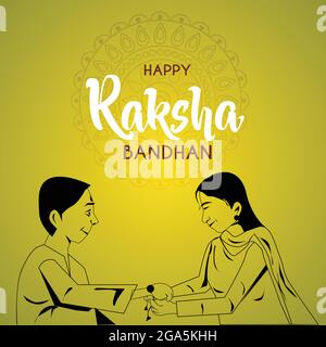 Happy Raksha Bandhan Festival Greeting Card Template Design illustrazione vettoriale. Disegno di contorno di fratello indiano e sorella Illustrazione Vettoriale