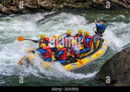 Rafting sul fiume Noguera Pallaresa, vicino a Llavorsí, nella provincia di Lleida, Catalogna, Spagna. Situato nel cuore dei Pirenei, il Noguera Pallaresa è Foto Stock