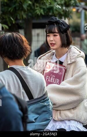 Advertiser di Maid Cafe in via Akihabara, Chiyoda, Tokyo, Giappone. Foto Stock