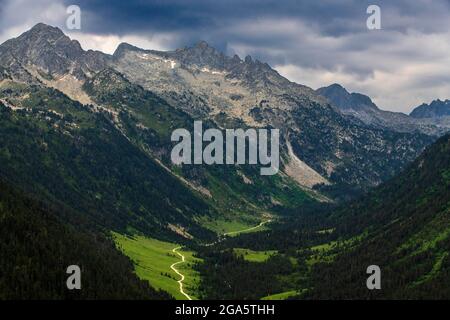 Paesaggio della valle tra Arties e Viella, Val d'Aran, Valle d'Aran in Valle d'Aran nei Pirenei Lleida Catalogna Spagna. Foto Stock